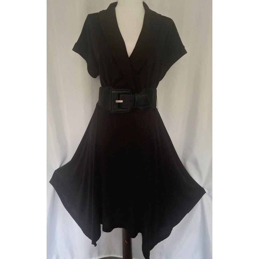 Womens Black knit surplice neck handkerchief hem belted retro boho dress Sz M